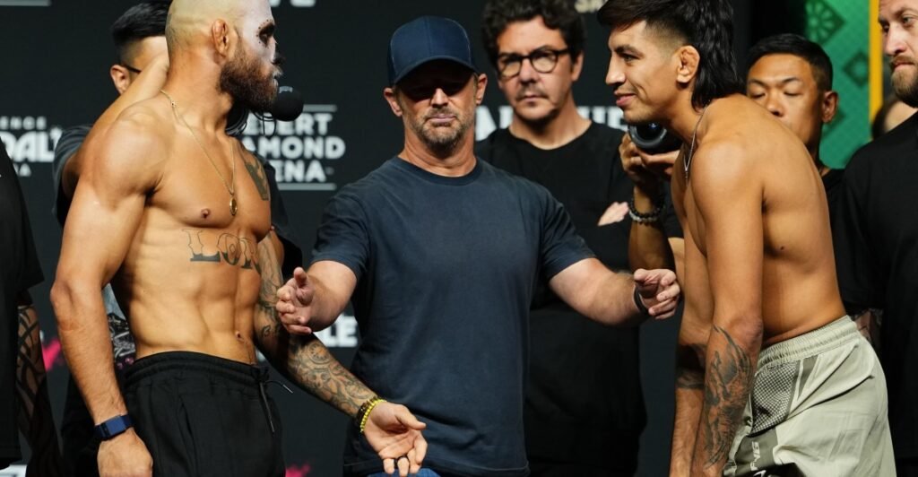 Jean Silva dons sugar skull face paint for Jose Miguel Delgado faceoff at Noche UFC ceremonial weigh-ins
