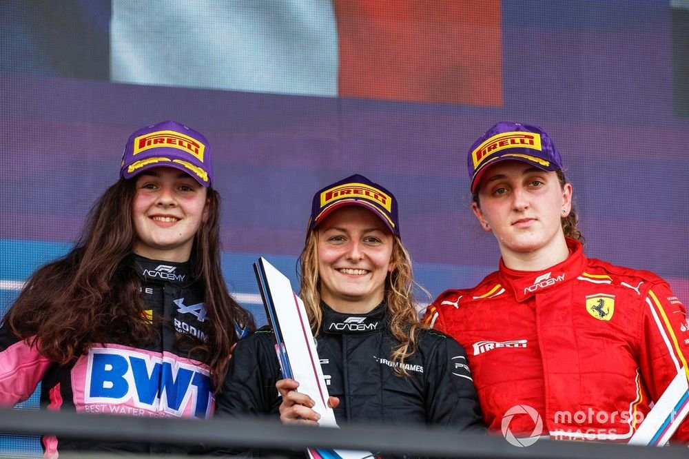 Podium: Race winner Doriane Pin, PREMA Racing, second place Abbi Pulling, Rodin Motorsport, third place Maya Weug, PREMA Racing