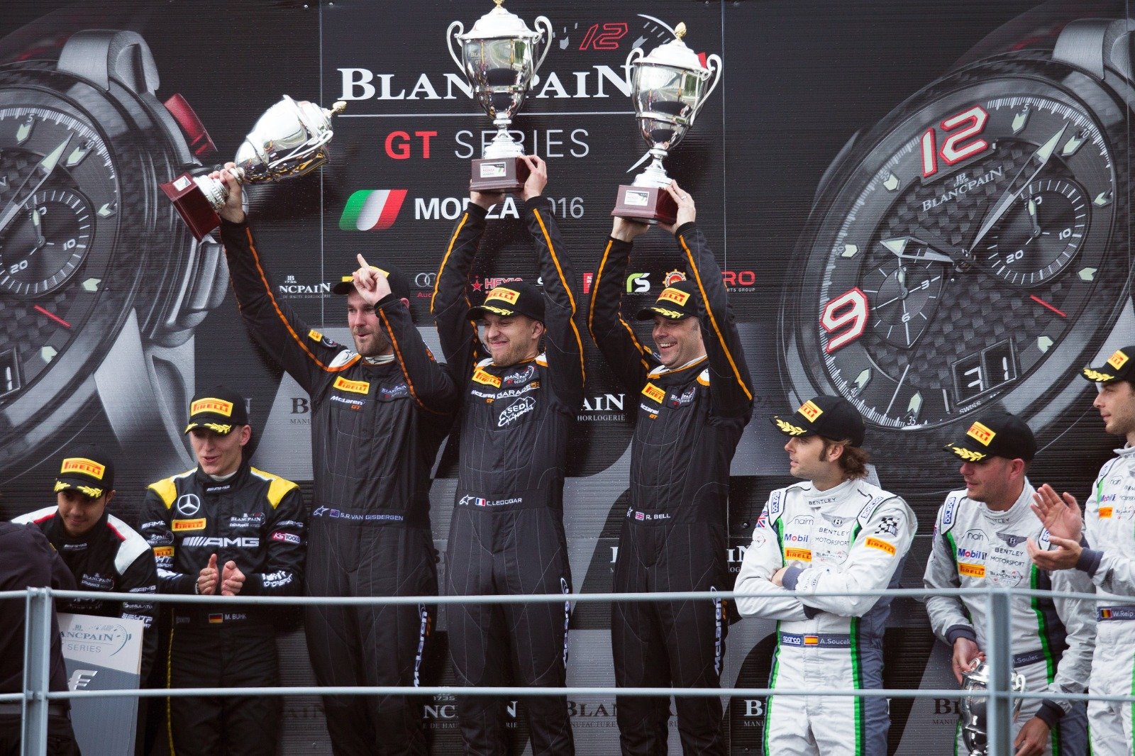 Bell. Ledogar and Van Gisbergen celebrating a win at Monza in 2016