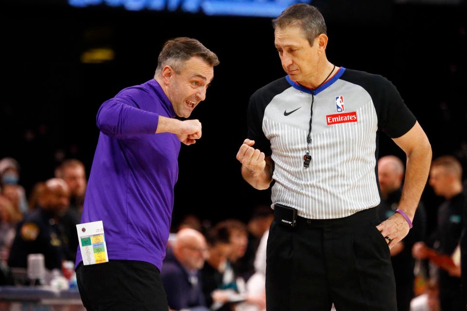 Dec 26, 2024; Memphis, Tennessee, USA; Toronto Raptors head coach Darko Rajakovic reacts to an official during the third quarter against the Memphis Grizzlies at FedExForum. Mandatory Credit: Petre Thomas-Imagn Images