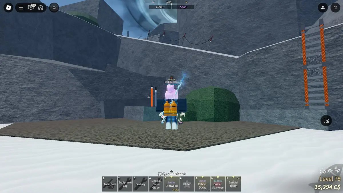 A ramp going to the top of the Northern Summit mountain in Roblox Fisch.