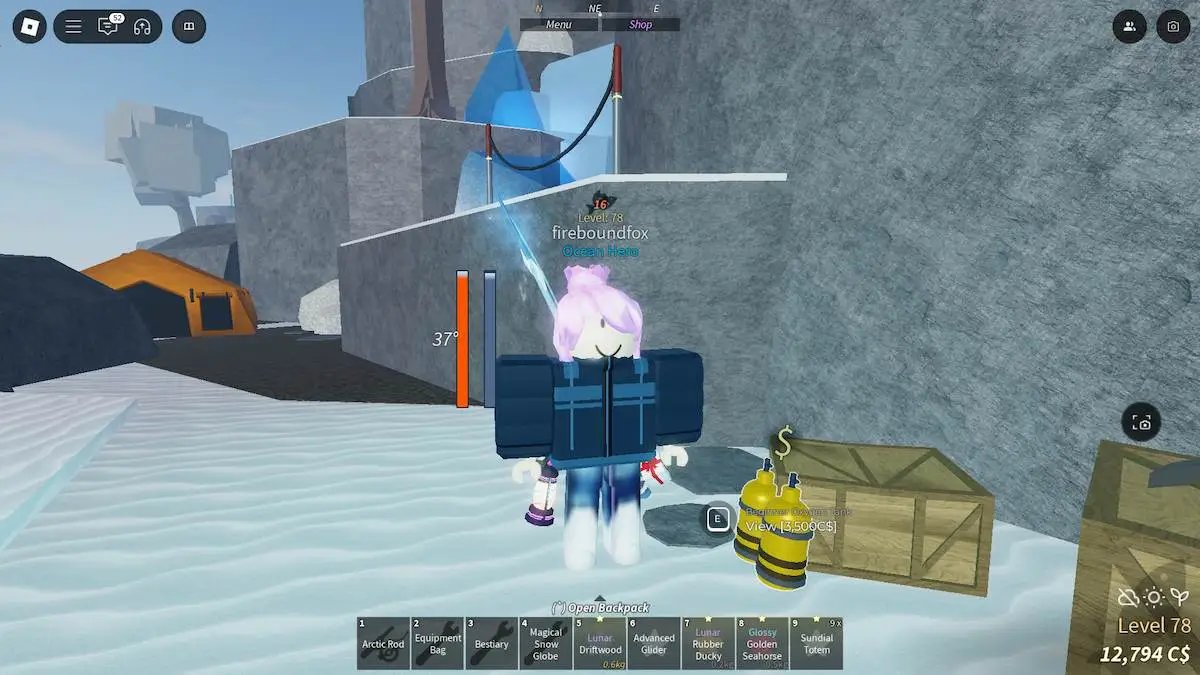 A yellow oxygen tank on the ground next to a player climbing the Northern Summit in Roblox Fisch.