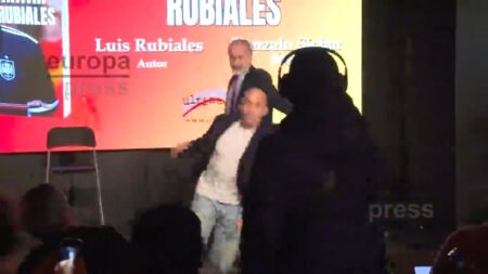 Bizarre moment EGGS are thrown at disgraced former Spanish FA boss Luis Rubiales by his own uncle during book tour