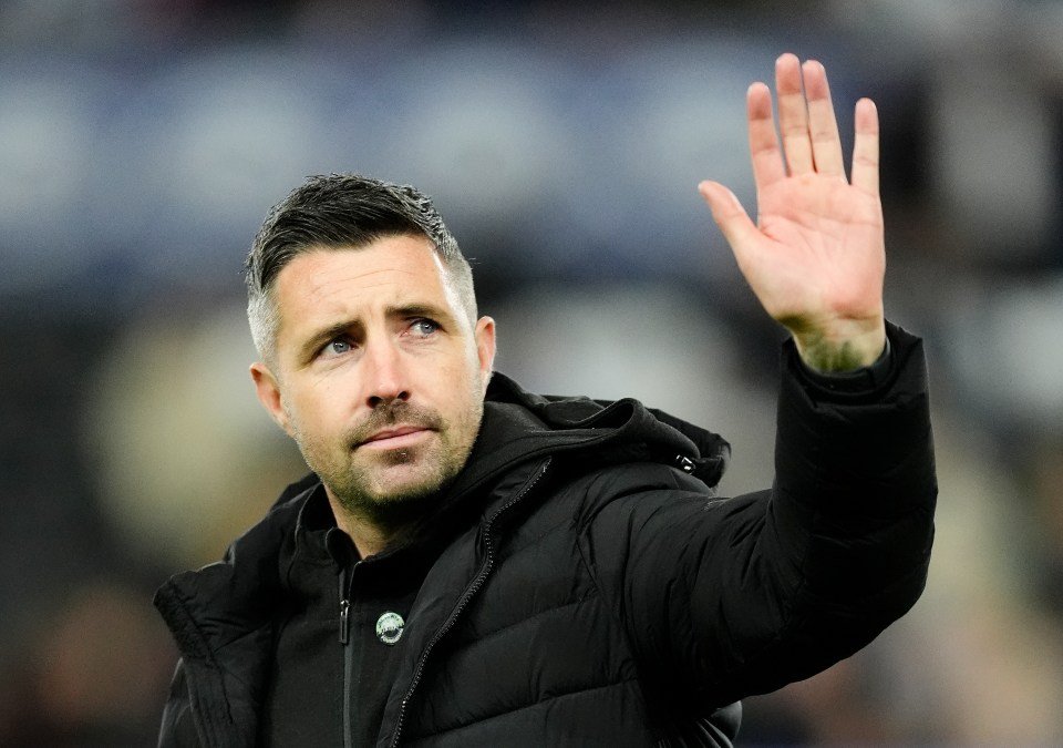 Swansea City manager Alan Sheehan waves during a Carabao Cup match.