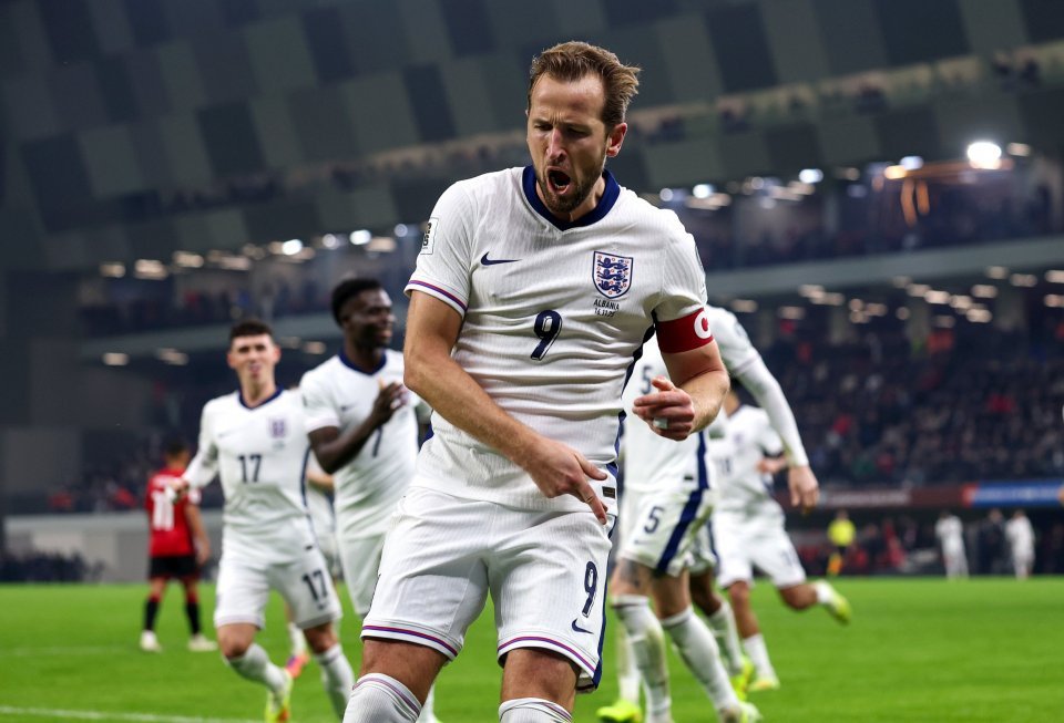 England's Harry Kane celebrates after scoring in a FIFA World Cup 2026 Qualifier against Albania.