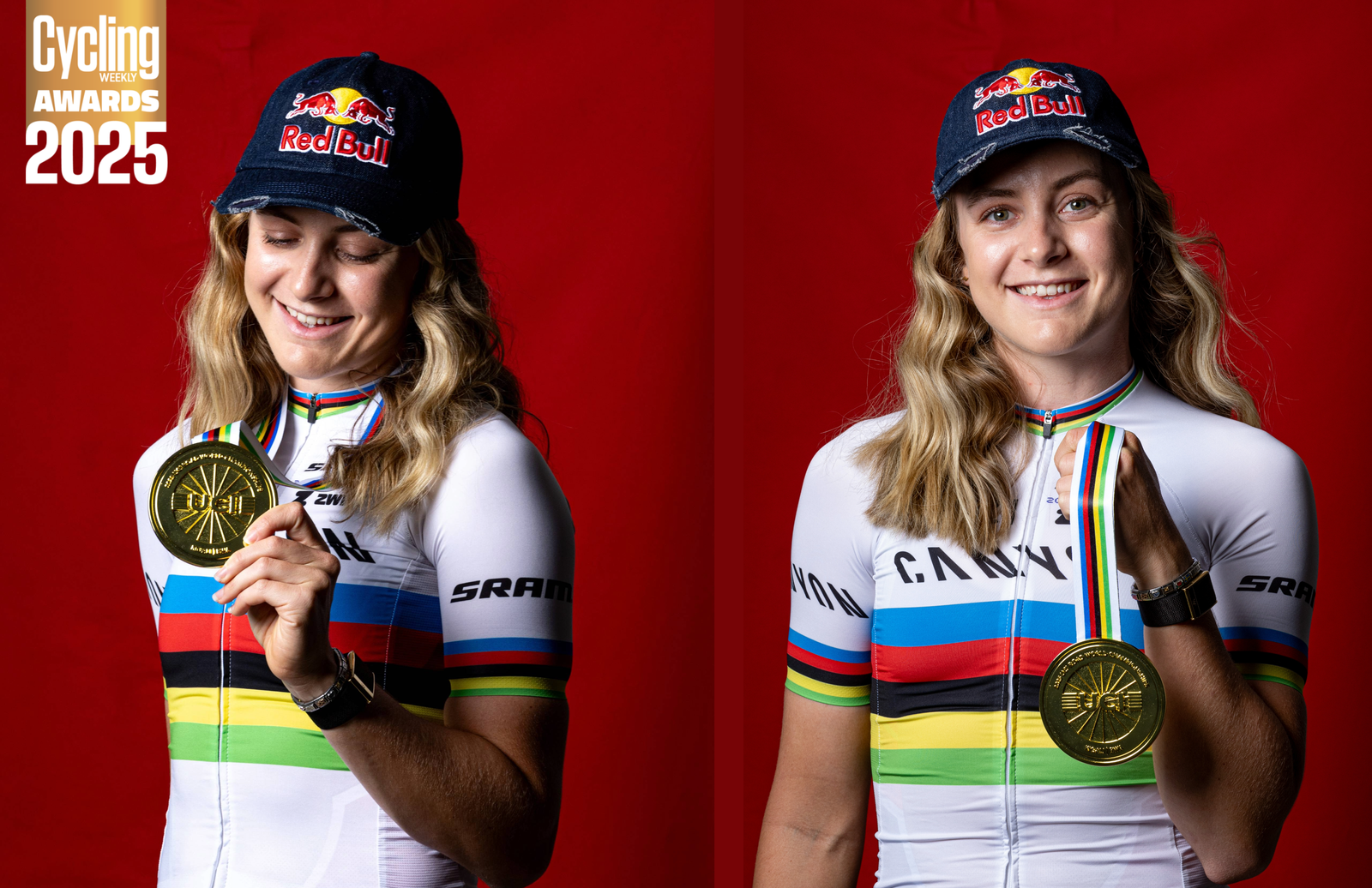 Zoe holds her medal with a red background