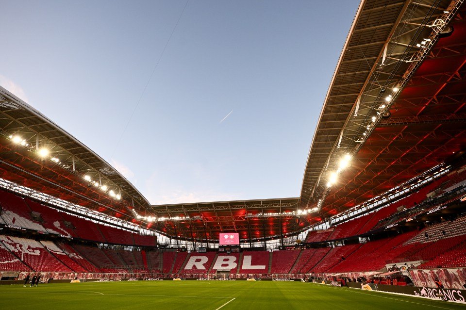 General view of the Red Bull Arena with red seats and the letters "RBL" in white against the red seats, prior to the match between RB Leipzig and Bayer 04 Leverkusen.