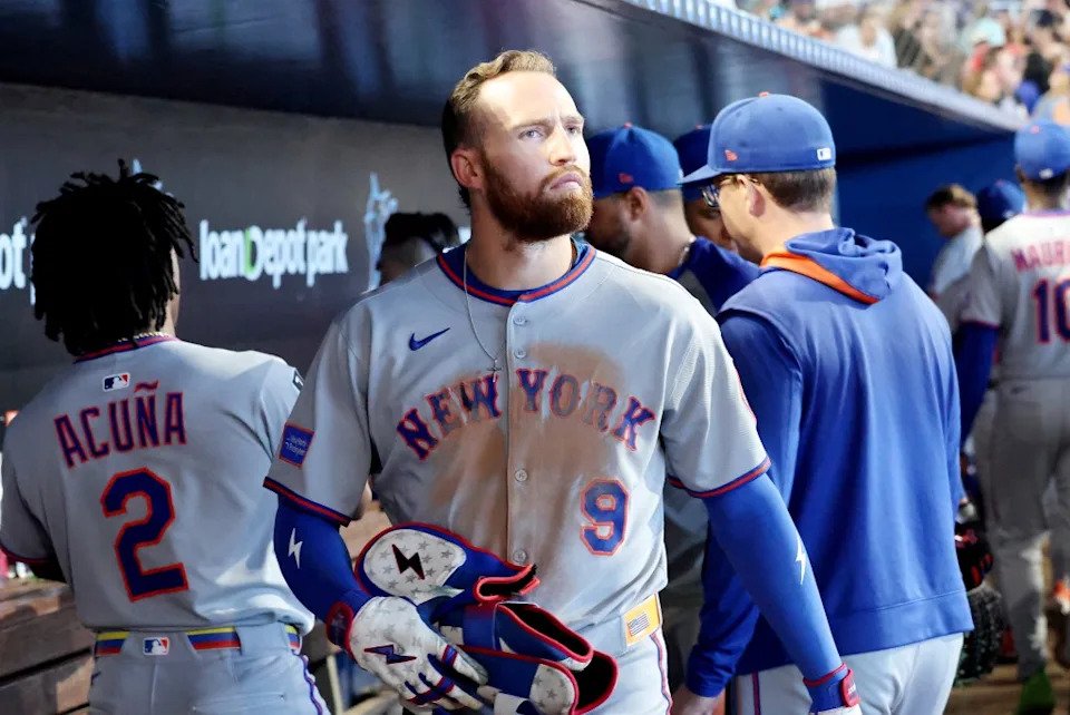 Brandon Nimmo #9 of the New York Mets reacts after the final out of the 9th inning. Charles Wenzelberg/New York Post