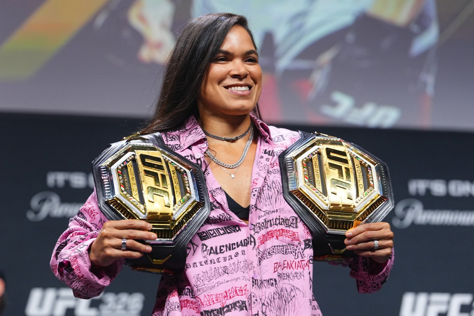 LAS VEGAS, NEVADA - DECEMBER 05: Amanda Nunes is seen on stage during the UFC It’s On Seasonal Press Conference at T-Mobile Arena on December 05, 2025 in Las Vegas, Nevada. (Photo by Chris Unger/Zuffa LLC)