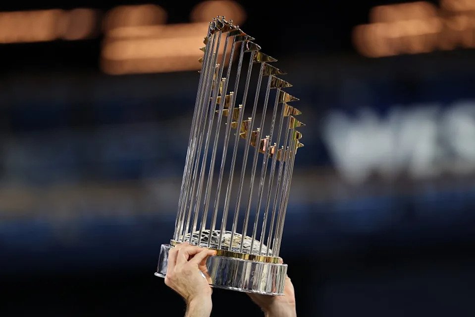 A view of the Commissioner’s Trophy being raised after the LA Dodgers defeat the Toronto Blue Jays 5-4 in game seven to win the 2025 World Series. Getty Images
