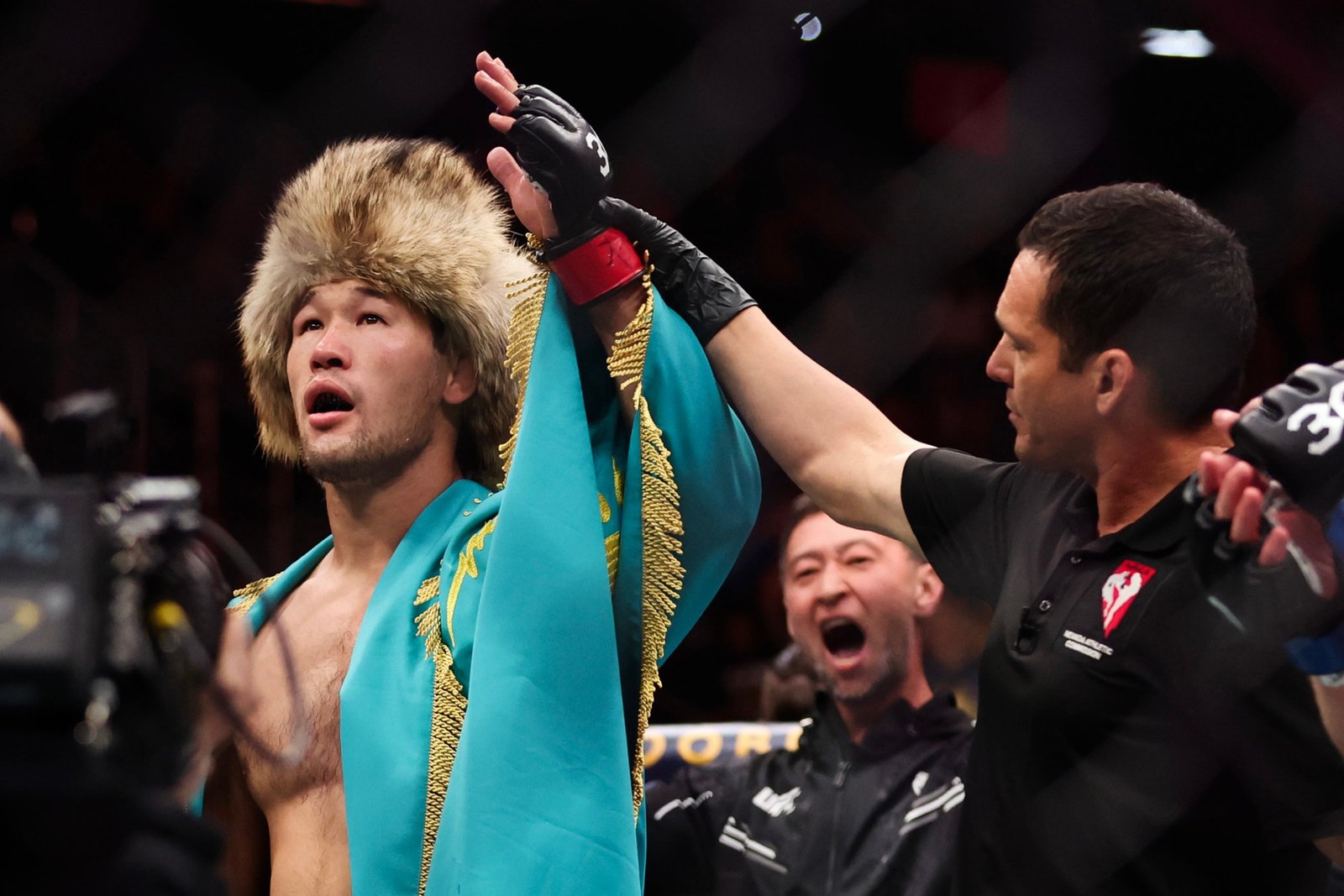 LAS VEGAS, NEVADA - DECEMBER 16: Shavkat Rakhmonov of Kazakhstan reacts to his win following a welterweight fight against Stephen Thompson of the United States during the UFC 296: Edwards vs. Covington event at T-Mobile Arena on December 16, 2023 in Las Vegas, Nevada. (Photo by Sean M. Haffey/Getty Images)