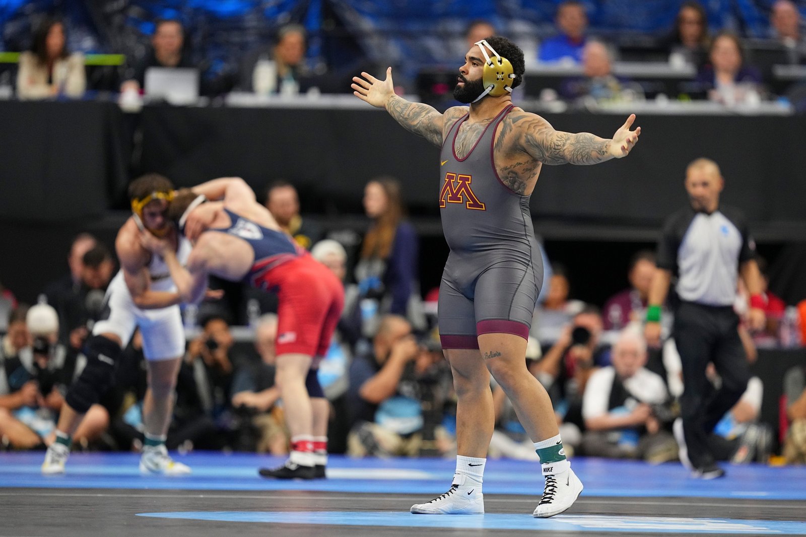 PHILADELPHIA, PENNSYLVANIA - MARCH 20: Gable Steveson of the Minnesota Golden Gophers reacts during the 2025 NCAA Division I Men’s Wrestling Championship at the Wells Fargo Center on March 20, 2025 in Philadelphia, Pennsylvania. (Photo by Mitchell Leff/Getty Images)