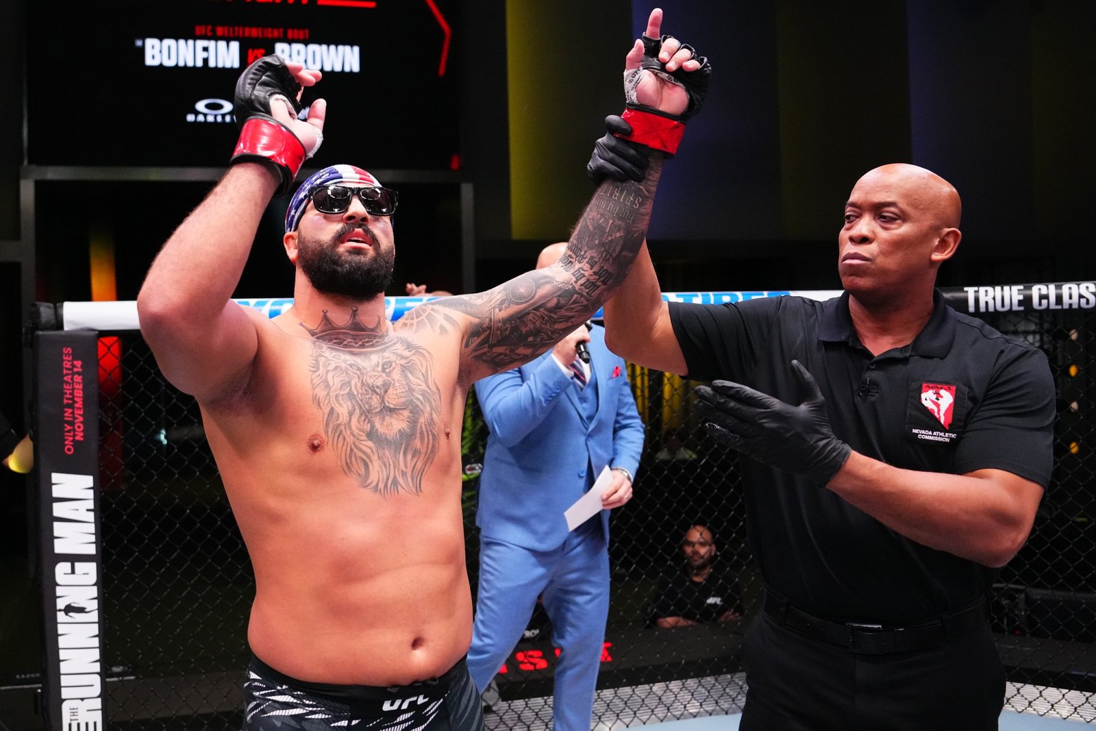 LAS VEGAS, NEVADA - NOVEMBER 08: Josh Hokit reacts after a TKO victory against Max Gimenis of Brazil in a heavyweight fight during the UFC Fight Night event at UFC APEX on November 08, 2025 in Las Vegas, Nevada. (Photo by Jeff Bottari/Zuffa LLC)