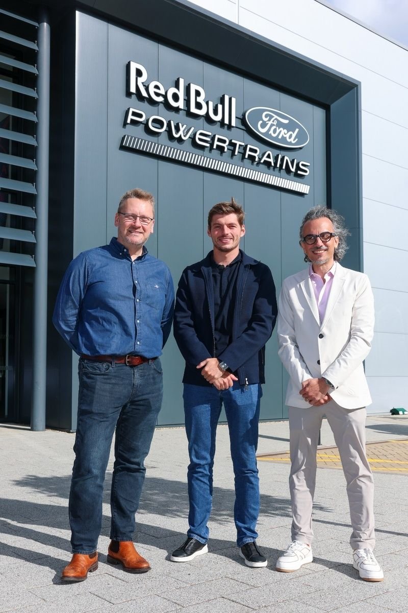 Max Verstappen, Laurent Mekies, Ben Hodgkinson, Red Bull Powertrains-Ford tour