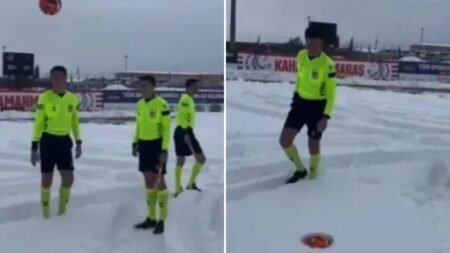 Referee carries out farcical pitch inspection in full kit with turf covered in snow as fans joke ‘looks touch and go’