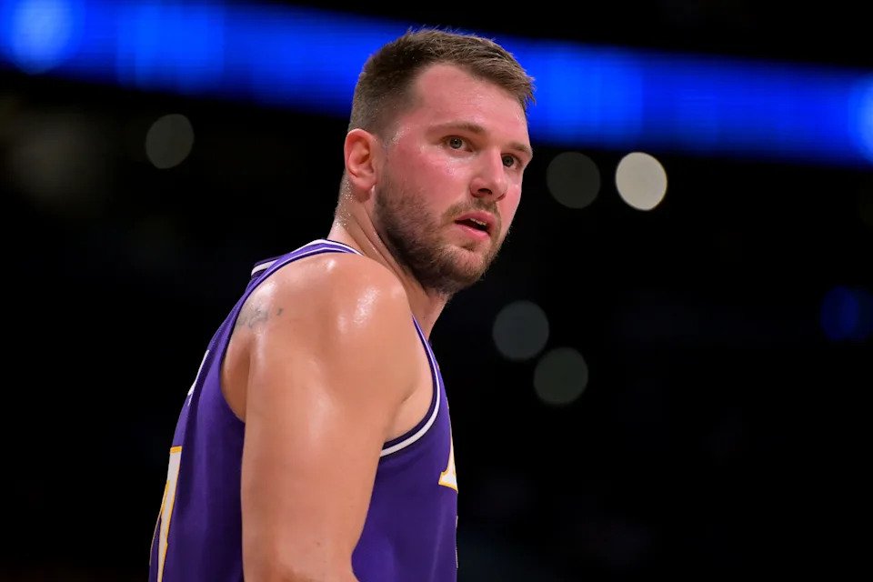 Los Angeles Lakers guard Luka Doncic (77) looks on in the first half against the Philadelphia 76ers at Crypto.com Arena in Los Angeles, California on Feb. 5, 2026.