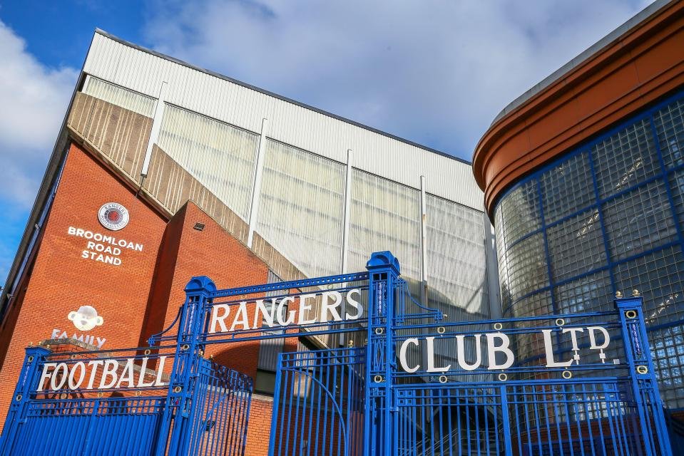 Broomloan Road stand and entrance to Ibrox Stadium, home ground of Rangers football club, Glasgow, Scotland, UK
