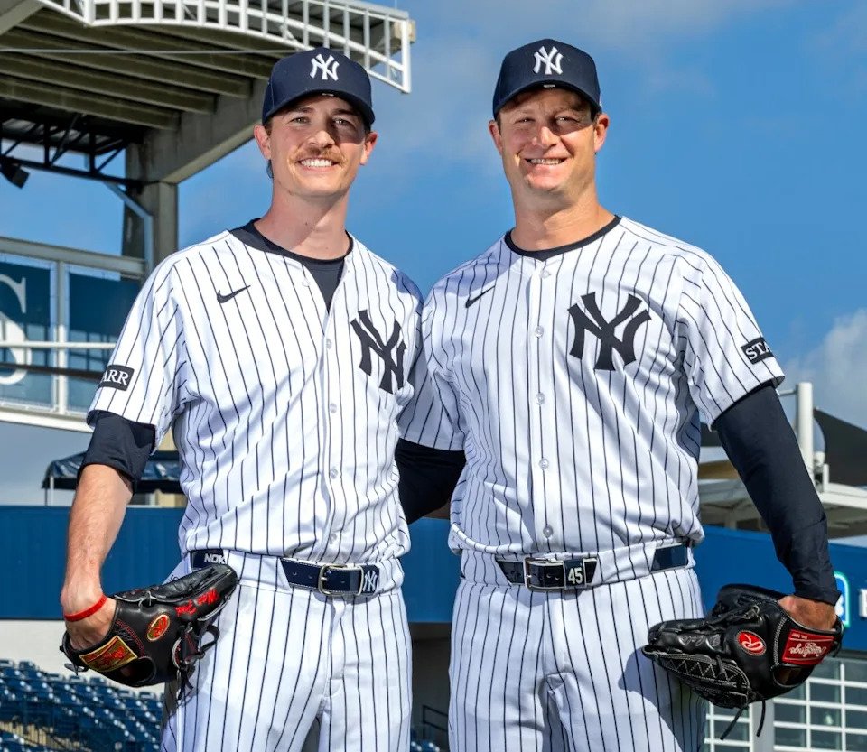 Max Fried (left) and Gerrit Cole pose for a picture earlier in Yankees’ training camp. Charles Wenzelberg / New York Post