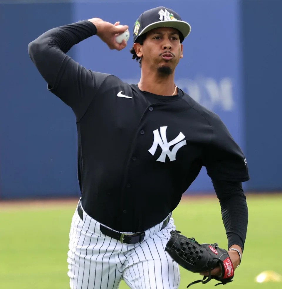 Osvaldo Bido, throwing earlier this month, gave up home runs to Austin Wells and Giancarlo Stanton during the one inning of batting practice he threw on Feb. 19, 2026. Charles Wenzelberg / New York Post