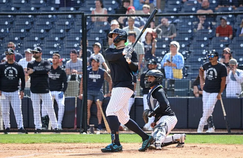 Giancarlo Stanton hitting live batting practice during today’s workout at Steinbrenner Field, the Yankees’ Spring Training home in Tampa, Florida. Charles Wenzelberg / New York Post