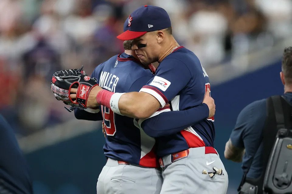 Aaron Judge and Mason Miller celebrate the win against the Dominican Republic.