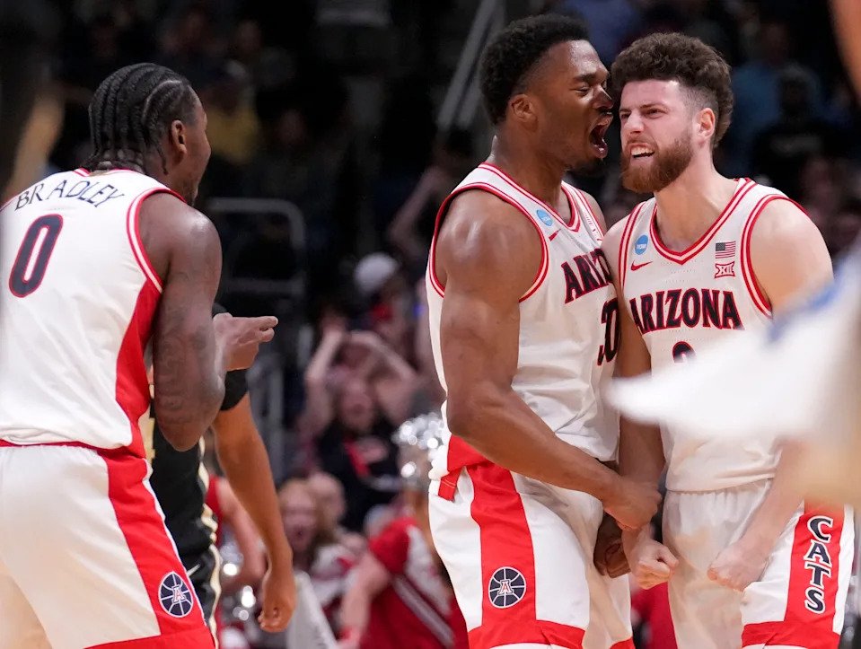 Arizona Wildcats forward Tobe Awaka (30) and guard Anthony Dell'Orso (3) celebrate during the Elite Eight game against Purdue.