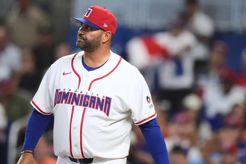 Dominican Republic manager Albert Pujols walks on the field during the third inning of their win over the Netherlands on March 8, 2026, in Miami. AP