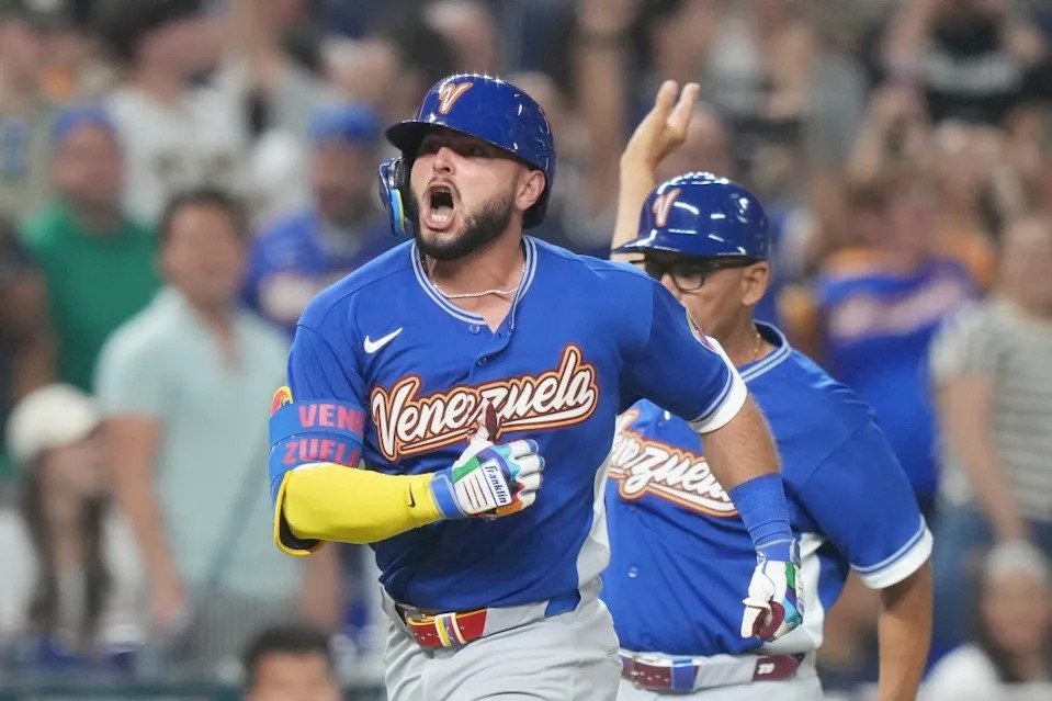 Wilyer Abreu reacts after hitting a home run during Venezuela’s World Baseball Classic win on March 14, 2026. AP