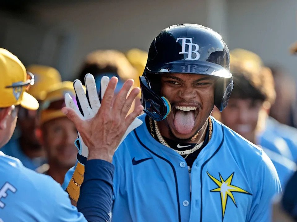Xavier Isaac celebrates after hitting a two-run homer in the top of the Rays’ spring training loss to the Twins on March 16, 2024 in Fort Myers, Fla. Getty Images