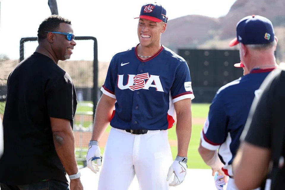 Aaron Judge talks with Ken Griffey Jr. during a Team USA workout at Papago Park Sports Complex in Phoenix.