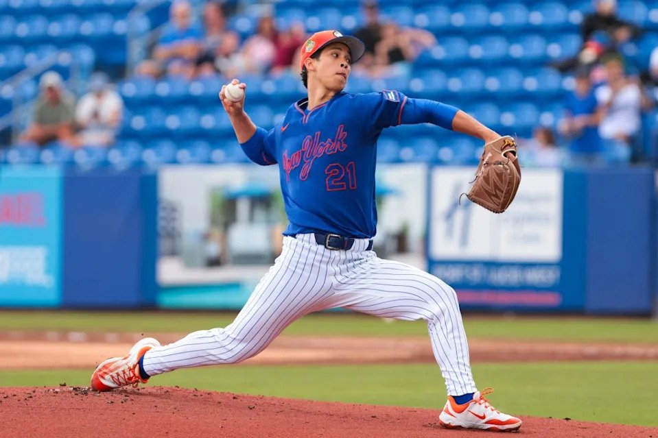 Jonah Tong delivers a pitch during the Mets’ 6-3 win over Nicaragua during the first inning at Clover Park on March 3, 2026. IMAGN IMAGES via Reuters Connect
