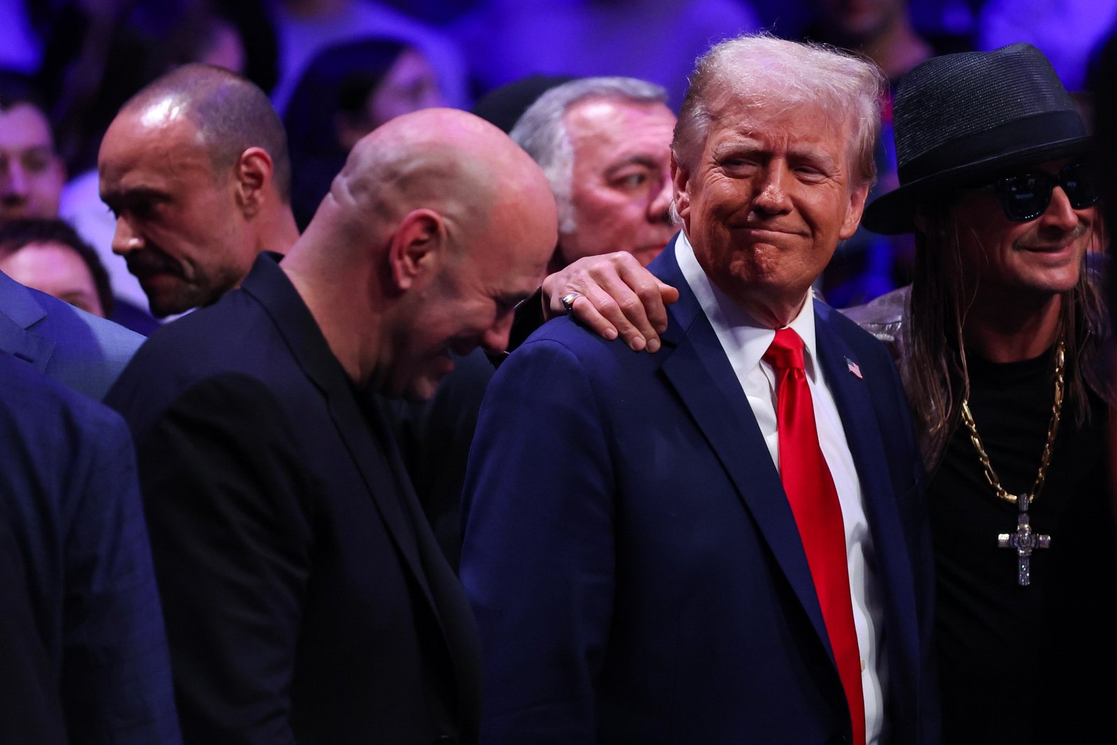 NEW YORK, NEW YORK - NOVEMBER 16: President-elect Donald Trump shakes hands with Dana White during the UFC 309 event at Madison Square Garden on November 16, 2024 in New York City. (Photo by Sarah Stier/Getty Images)