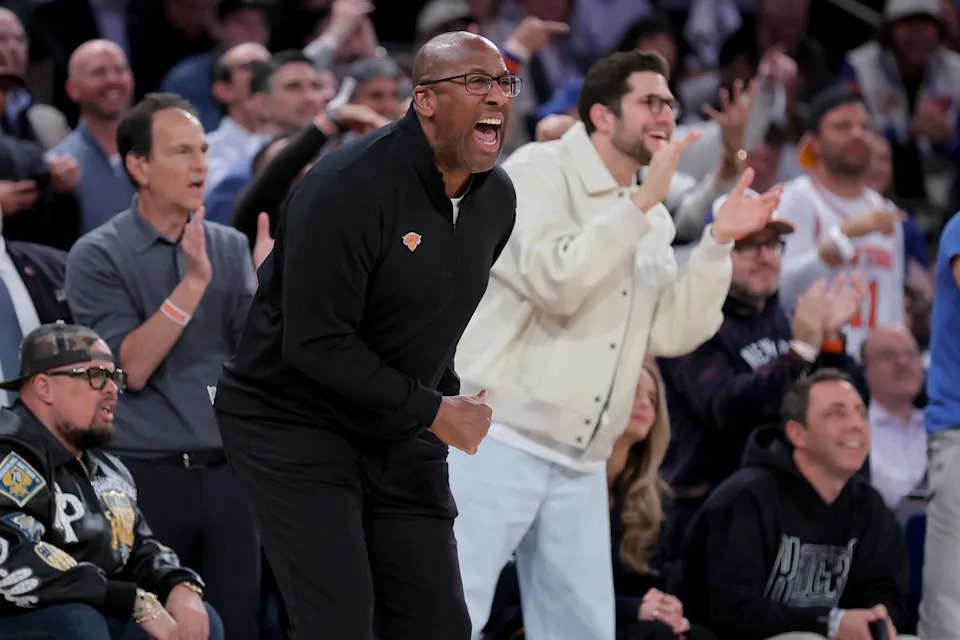 New York Knicks head coach Mike Brown coaches against the Atlanta Hawks during the third quarter of Game 2 of the first round of the 2026 NBA Playoffs at Madison Square Garden.