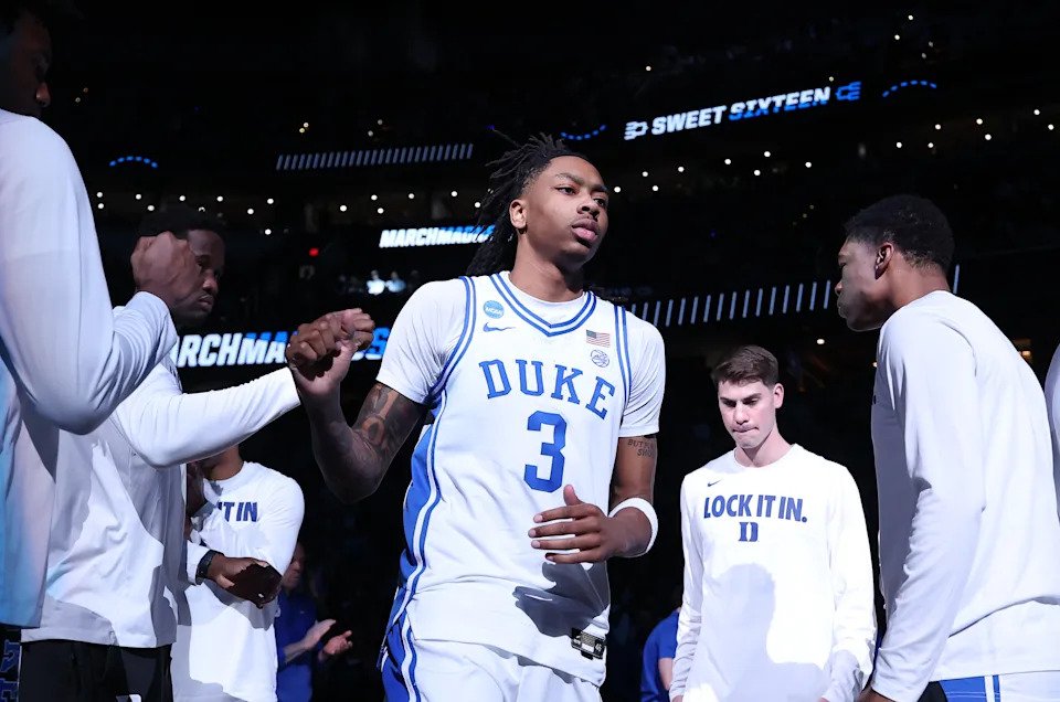WASHINGTON, DC - MARCH 29: Isaiah Evans #3 of the Duke Blue Devils is introduced before the game against the UConn Huskies during the Elite Eight round game of the 2026 NCAA Men's Basketball Tournament held at Capital One Arena on March 29, 2026 in Washington, DC.  (Photo by Scott Taetsch/NCAA Photos via Getty Images)