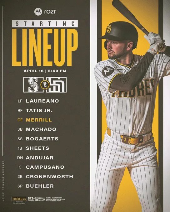 Starting lineup graphic. The background of the graphic is brown and has a thin white stripe going down the left side. Small white text under the white stripe reads “Motorola Starting Lineup”. Additional text on the left side of the graphic reads “Motorola Razr | Starting Lineup | April 16 | 5:40 PM | Mariners vs. Padres”. Underneath this text is today’s starting lineup: LF Laureano, RF Tatis Jr., CF Merrill, 3B Machado, SS Bogaerts, 1B Sheets, C Campusano, 2B Cronenworth, SP Buehler. Below the starting lineup is the tune-in information: Padres.TV Presented by UC San Diego Health, 97.3 FM The Fan, La Poderosa 860 AM, MLB.TV, MLB Network, DIRECTV, Spectrum, Cox, AT&T U-Verse, Fubo. On the right side of the graphic, there are additional white and gold stripes. In front of the stripes, there is a photo of Jackson Merrill in the Padres home white pinstripe uniform.