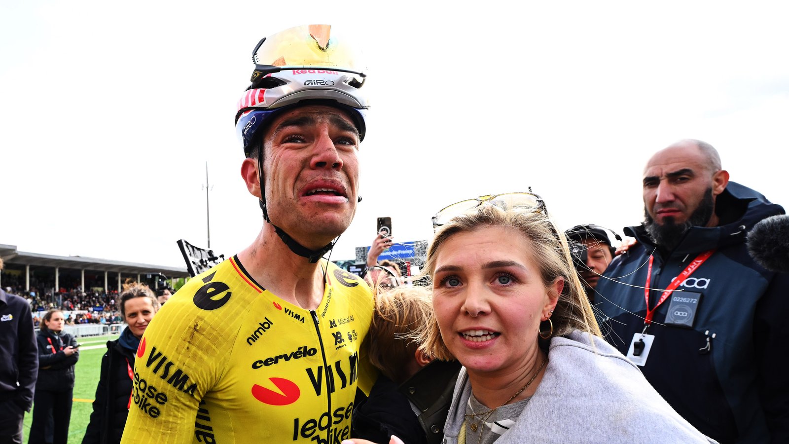ROUBAIX, FRANCE - APRIL 12: Race winner Wout van Aert of Belgium and Team Visma | Lease a Bike and his wife, Sarah De Bie react after the 123rd Paris-Roubaix