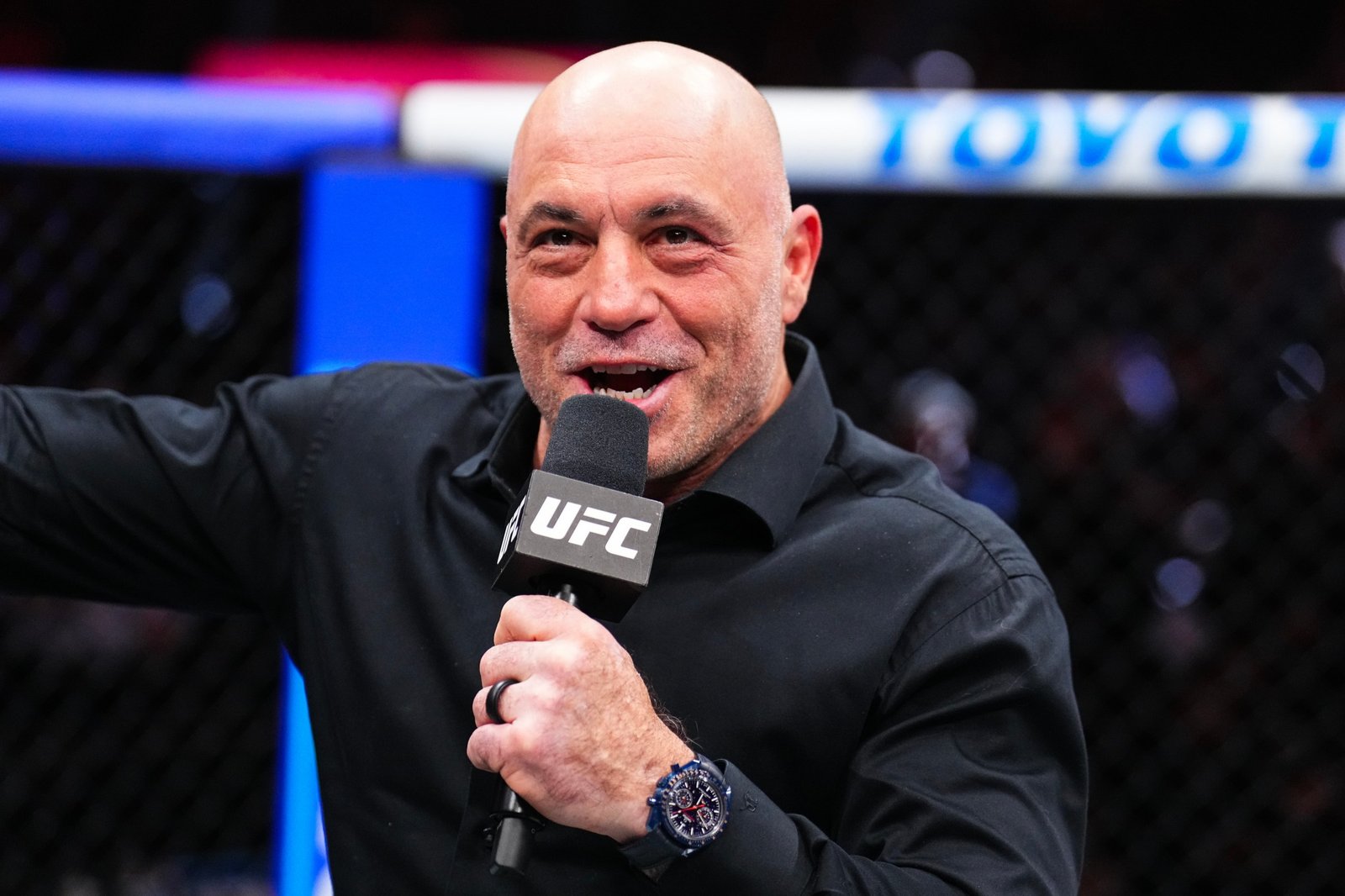 LAS VEGAS, NEVADA - JANUARY 24: Joe Rogan intervies Josh Hokit after a victory against Denzel Freeman in a heavyweight bout during the UFC 324 event at T-Mobile Arena on January 24, 2026 in Las Vegas, Nevada. (Photo by Chris Unger/Zuffa LLC)