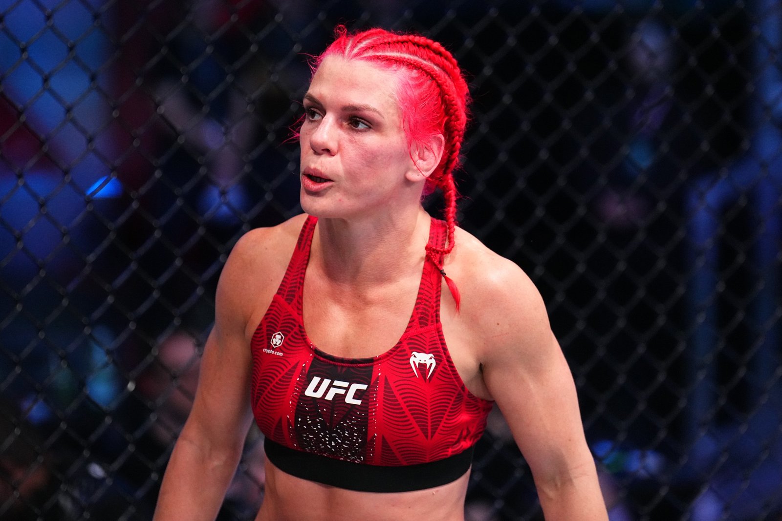 LAS VEGAS, NEVADA - MARCH 14: Gillian Robertson of Canada reacts after round two against Amanda Lemos of Brazil in a strawweight fight during the UFC Fight Night event at Meta APEX on March 14, 2026 in Las Vegas, Nevada. (Photo by Chris Unger/Zuffa LLC)