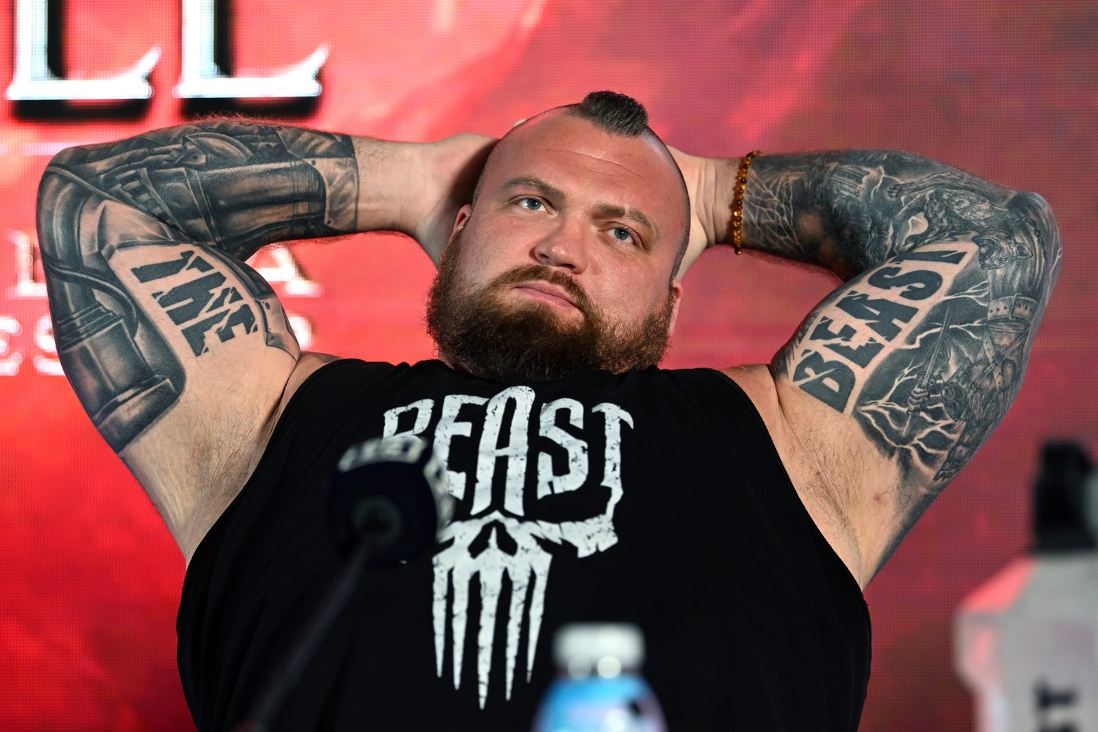 LONDON, ENGLAND - APRIL 07: Eddie Hall speaks during the Beauty Vs The Beast: Fury v Hall Press Conference at Glaziers Hall on April 07, 2026 in London, England. (Photo by Patrick Khachfe/Getty Images)
