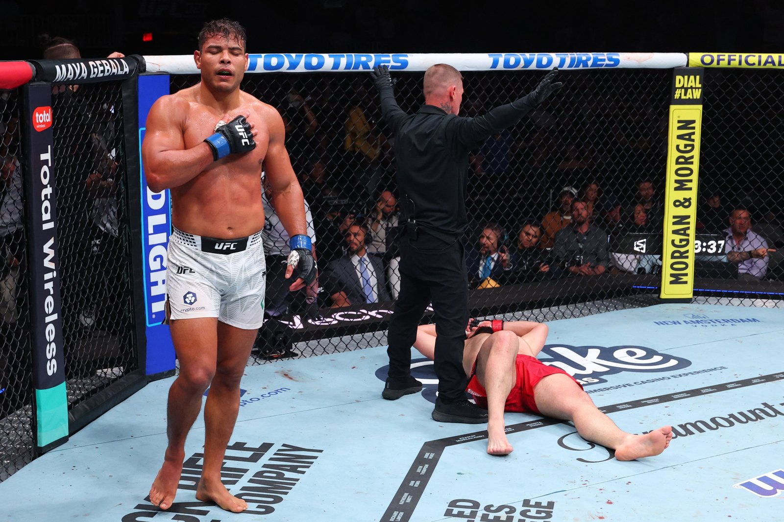 MIAMI, FLORIDA - APRIL 11: Paulo Costa of Brazil reacts after a knockout victory against Azamat Murzakanov of Russia in a light heavyweight fight during the UFC 327 event at Kaseya Center on April 11, 2026 in Miami, Florida. (Photo by Ed Mulholland/Zuffa LLC)