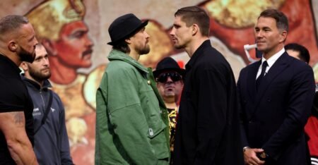 Oleksandr Usyk, Rico Verhoeven share long first faceoff ahead of heavyweight title fight