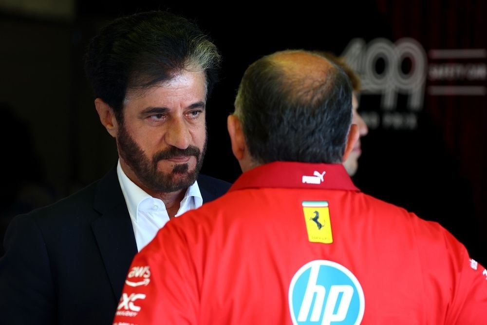 FIA President Mohammed ben Sulayem, seen here with Ferrari team principal Frederic Vasseur, has the challenge of maintaining constructive engagement with the competitors without allowing them to disrupt the rulemaking process