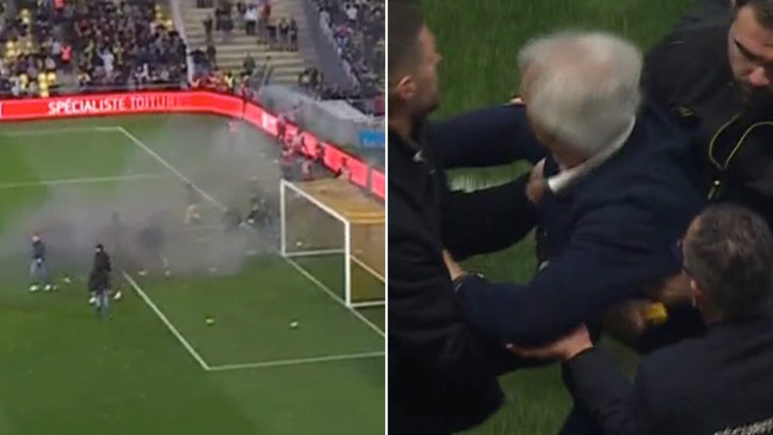 Top-flight clash abandoned as fuming fans invade pitch after relegation with manager left in tears