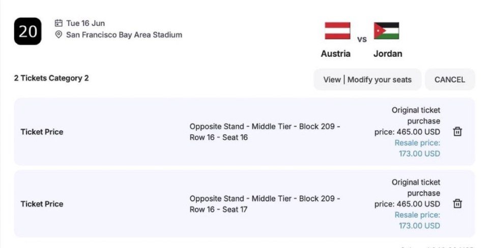 A ticket resale listing for two seats to an Austria vs. Jordan soccer match shows the original price of $465 and a resale price of $173.
