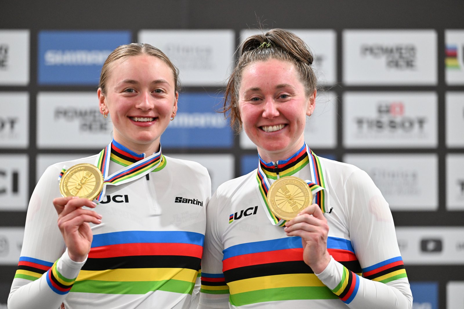 Maddie Leech and Katie Archibald in rainbow jerseys