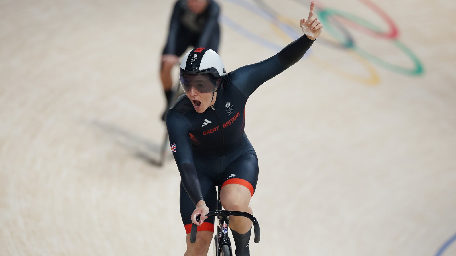 Katy Marchant celebrates as Gold medal winner during the Women&rsquo;s Team Sprint, Finals on day ten of the Olympic Games Paris 2024