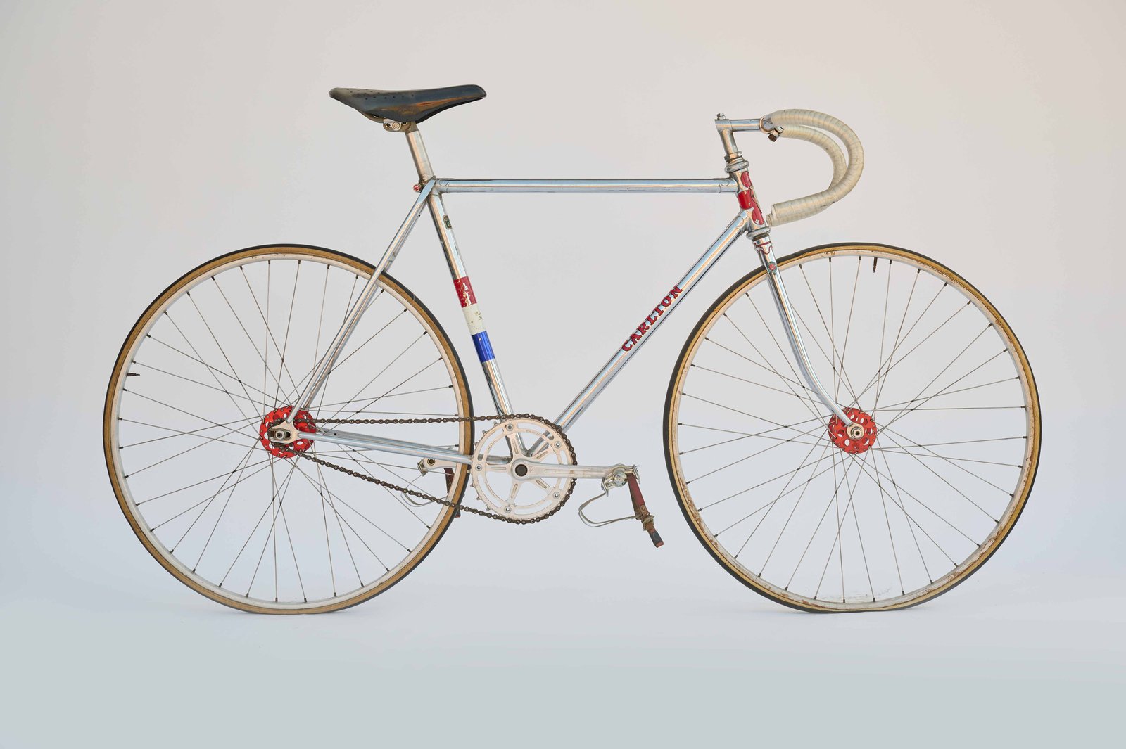 Carlton track bike with red white and blue details