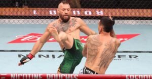 Missed Fists: Fighter actually pulls off jumping switch kick, knocks out opponent instead of injuring himself