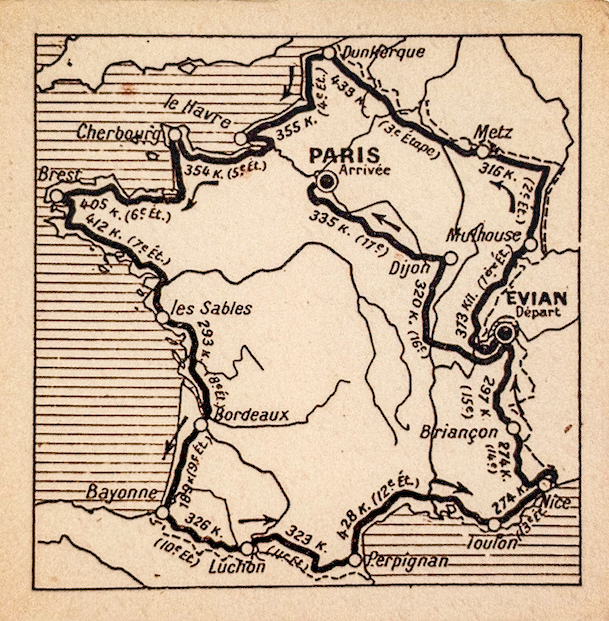Map of the 1926 Tour route - which covered the entire perimeter of the country