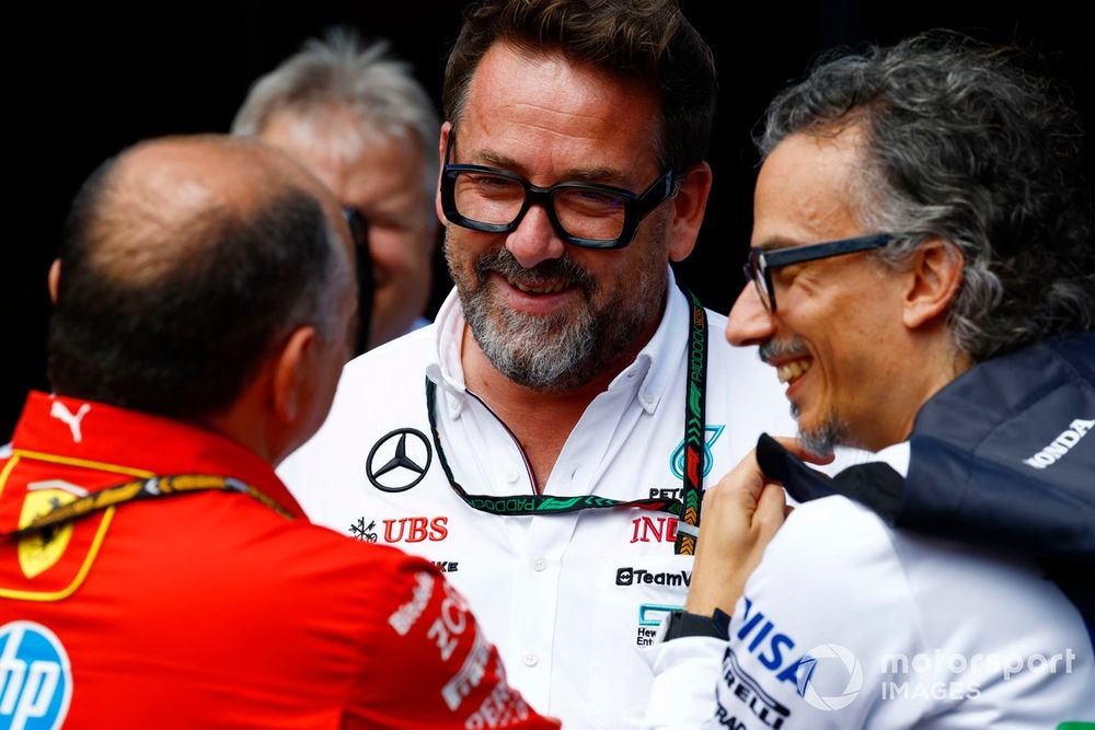 Frederic Vasseur, Team Principal and General Manager, Scuderia Ferrari, in conversation with Gwen Lagrue, Mercedes Driver Development Advisor, Laurent Mekies, Team Principal, RB F1 Team